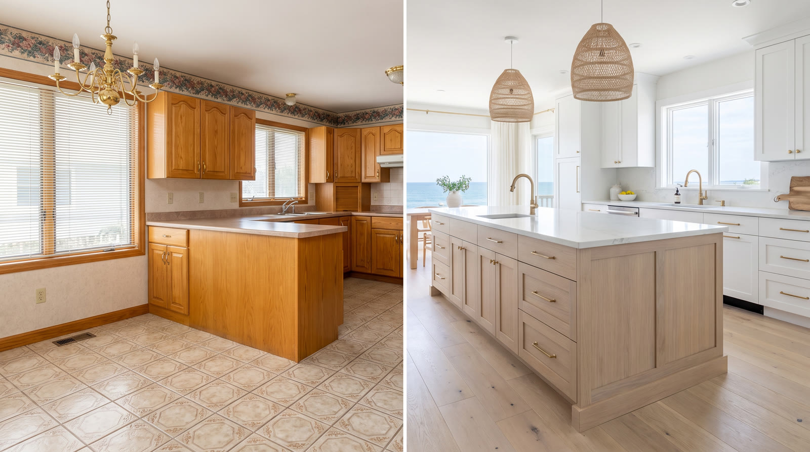 Before and after kitchen remodel in Destin, FL showing a dated oak kitchen transformed into a modern white coastal kitchen